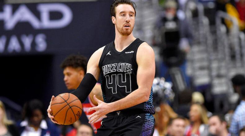 Charlotte Hornets forward Frank Kaminsky (44) handles the ball during the second half of an NBA basketball game against the Washington Wizards, Friday, Feb. 23, 2018, in Washington. The Hornets won 122-105. (AP Photo/Nick Wass)