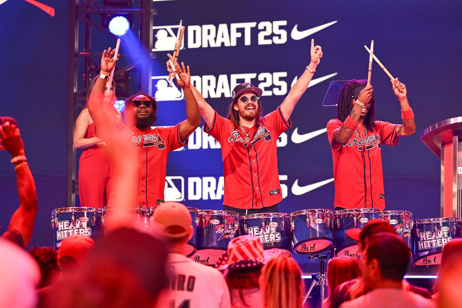 Members of the Atlanta Braves marching band hype the crowd up prior to the start of the 2025 MLB Draft Sunday, July 13, 2025 at the Coca-Cola Roxy in Atlanta. (Daniel Varnado/For the Atlanta Journal-Constitution)