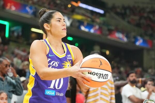 Los Angeles Sparks's Kelsey Plum shoots during the 3-point contest at the WNBA All-Star basketball weekend, Friday, July 18, 2025, in Indianapolis. (AP Photo/Michael Conroy)