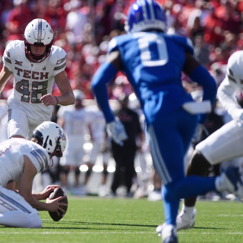 Texas Tech place kicker Stone Harrington (48) kicks a field goal during the first half of an NCAA college football game against BYU, Saturday, Nov. 8, 2025, in Lubbock, Texas. (AP Photo/Annie Rice)