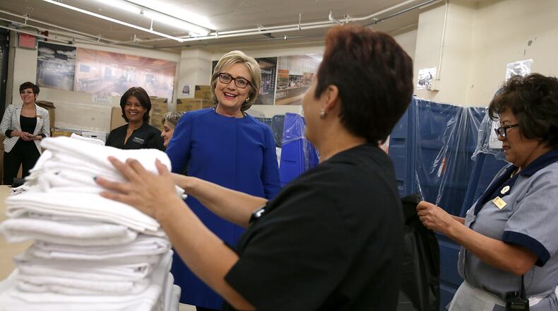 Democratic presidential candidate former Secretary of State Hillary Clinton meets with service workers at Caesars Palace Las Vegas Hotel and Casino on Thursday in Las Vegas, Nev. Justin Sullivan/Getty Images