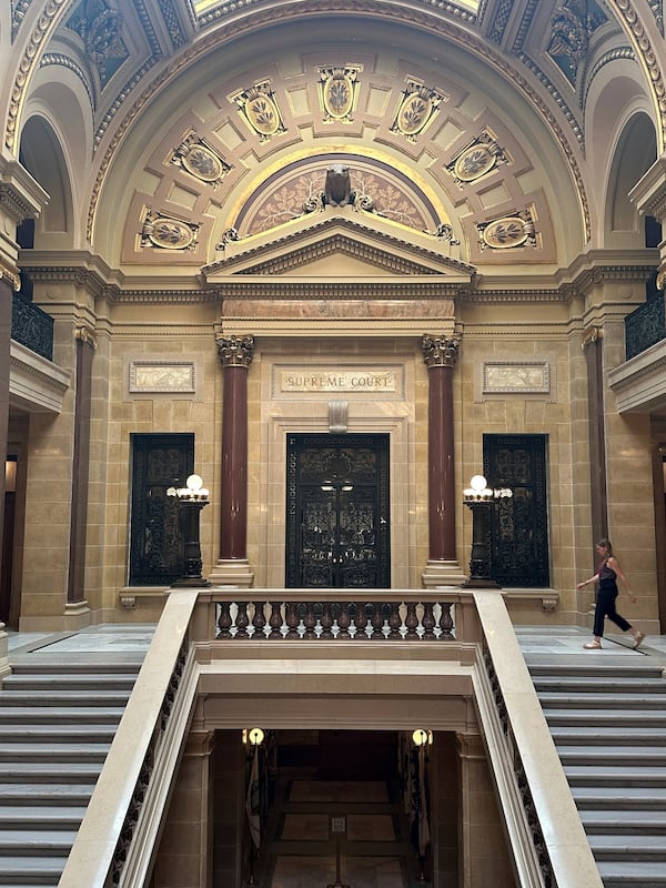 The Wisconsin Supreme Court as shown on Tuesday, July 8, 2025, in Madison, Wis., cleared the way for a state ban on conversion therapy to be enacted with a ruling that broadens the governor's powers over administrative rules. (AP Photo/Scott Bauer)