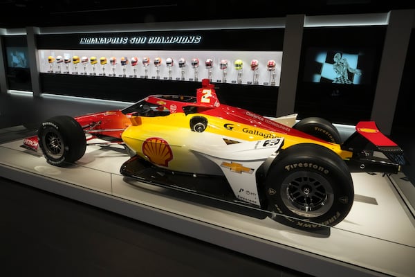The winning car that Josef Newgarden drove to victory in the 2024 Indianapolis 500 is shown in the Indianapolis Motor Speedway Museum at the Indianapolis Motor Speedway in Indianapolis, Monday, May 19, 2025. (AP Photo/\Michael Conroy)