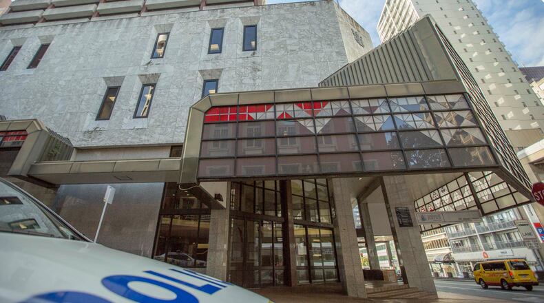 A police car is parked outside the Auckland District Court in Auckland, New Zealand, Aug. 17, 2015. (Bevan Read/Fairfax NZ/STUFF via AP)