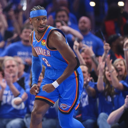 Oklahoma City Thunder guard Shai Gilgeous-Alexander runs back on defense after making a basket during the first half in Game 1 of a first-round NBA playoffs basketball series against the Phoenix Suns, Sunday, April 19, 2026, in Oklahoma City. (AP Photo/Nate Billings)