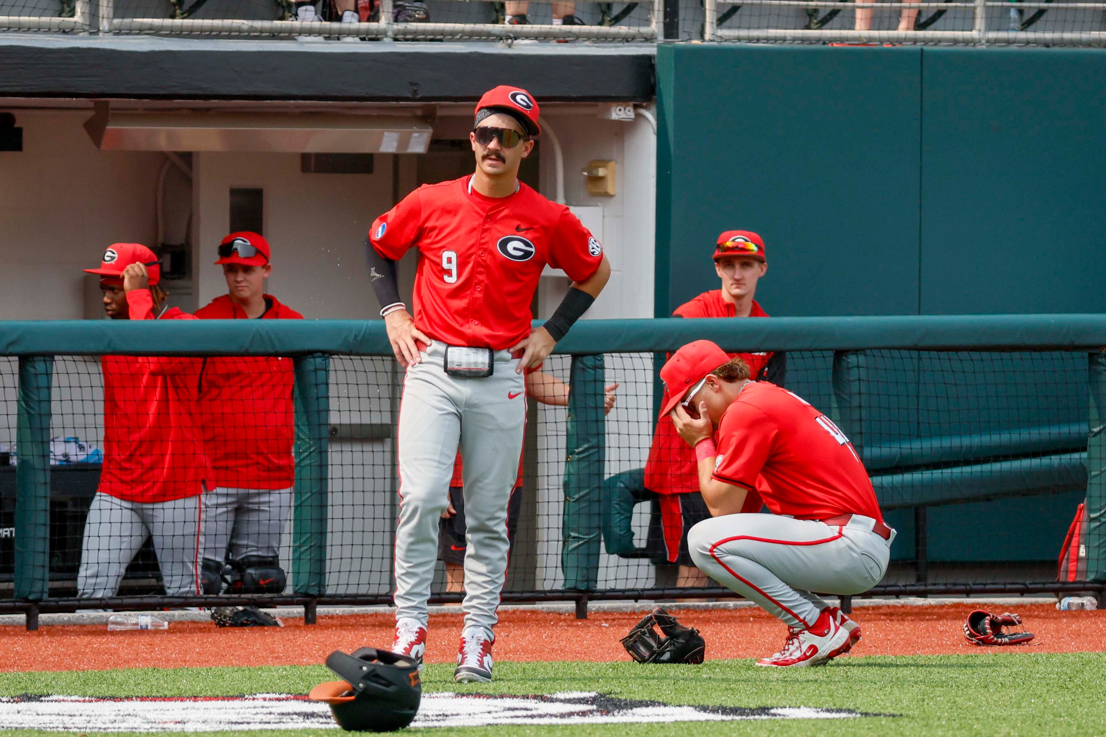 Georgia players react after losing against Oklahoma State on a walk-off homer during the ninth inning in their NCAA Regional game at Foley Field, Sunday, June 1, 2025, in Athens, Ga. Oklahoma State defeated Georgia 11-9.
(Miguel Martinez/ AJC)