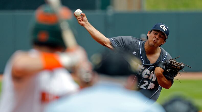 Georgia Tech pitcher Jared Datoc (28) throws to a Miami batter during the Atlantic Coast Conference baseball tournament in Louisville, Ky, Tuesday, May. 23, 2017. Miami won 6-5 in 13 innings. (Wade Payne/theACC.com via AP)