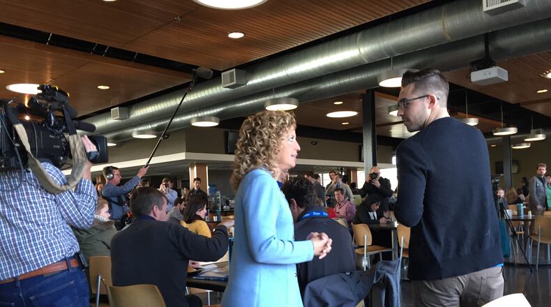 U.S. Rep. Debbie Wasserman Schultz, D-Fla., arrives at Drake University in Des Moines, Iowa, on Saturday, to speak with students ahead of tonight's presidential debate. AARON GOULD SHEININ / ASHEININ@AJC.COM