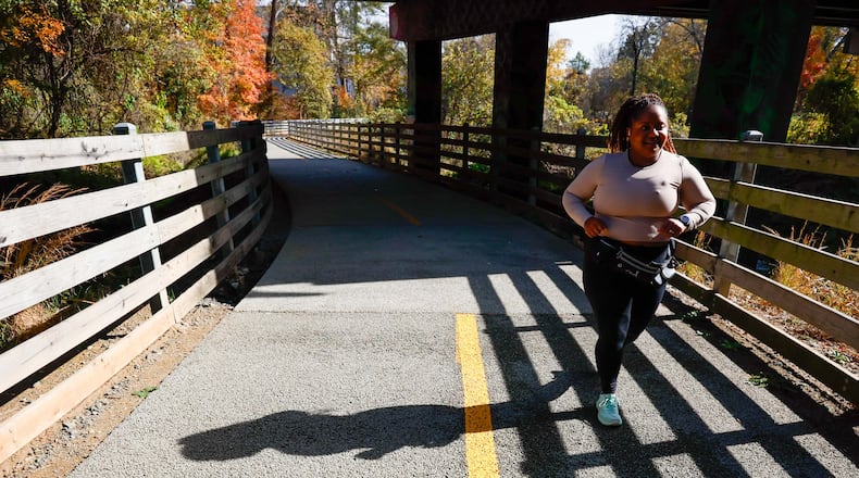 Tatiana O’Hara was spotted jogging along Noonday Trail near Aviation Park in Kennesaw on Wednesday, November 27, 2024. As the founder of the Best for Last Run Club, O’Hara is positively impacting by building a supportive community. She actively shares her running journey through engaging videos on TikTok and Instagram,
(Miguel Martinez / AJC)