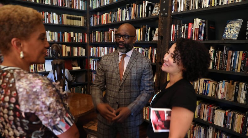 LEFT to RIGHT: Linda Johnson Rice, Theaster Gates and Bethany Collins talk at the Stony Island Arts Bank, 6760 S. Stony Island Avenue in Chicago, on Thursday, June 28, 2018, during the unveiling of “A Johnson Publishing Story,” a comprehensive look at Johnson Publishing, the Chicago business behind Ebony and Jet magazines that were essential interpreters of the 20th century African American experience. (Terrence Antonio James/Chicago Tribune/TNS)