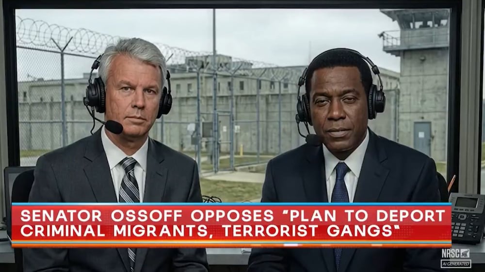 The National Senatorial Campaign Committee used artificial intelligence to create two "sportscasters" in front of a detention facility to attack U.S. Sen. Jon Ossoff in a recent ad. Dec. 6, 2025. (NRSC via YouTube)