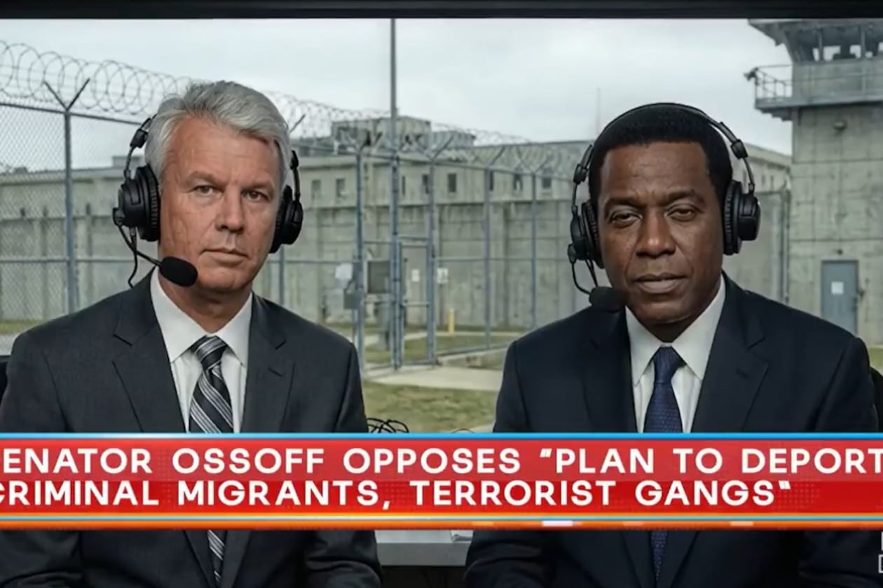 The National Senatorial Campaign Committee used artificial intelligence to create two "sportscasters" in front of a detention facility to attack U.S. Sen. Jon Ossoff in a recent ad. Dec. 6, 2025. (NRSC via YouTube)