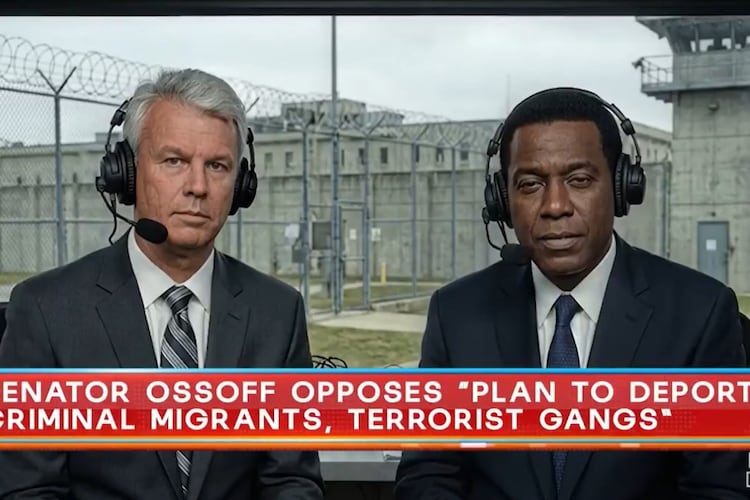 The National Senatorial Campaign Committee used artificial intelligence to create two "sportscasters" in front of a detention facility to attack U.S. Sen. Jon Ossoff in a recent ad. Dec. 6, 2025. (NRSC via YouTube)