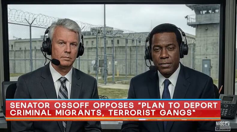 The National Senatorial Campaign Committee used artificial intelligence to create two "sportscasters" in front of a detention facility to attack U.S. Sen. Jon Ossoff in a recent ad. Dec. 6, 2025. (NRSC via YouTube)