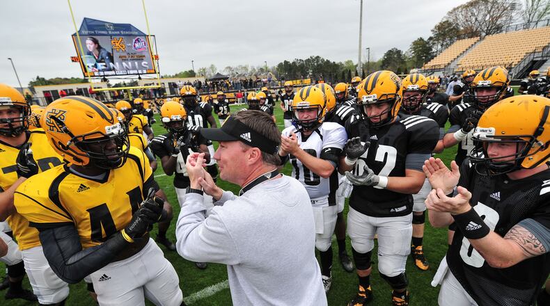 Kennesaw State coach Brian Bohannon talks to his players during Saturday’s scimmage at Fifth Third Bank Stadium. (Kyle Hess, Kennesaw State Athletics)