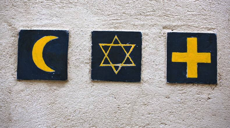 Set of 3 religious symbols: islamic crescent, jewish David's star, christian cross