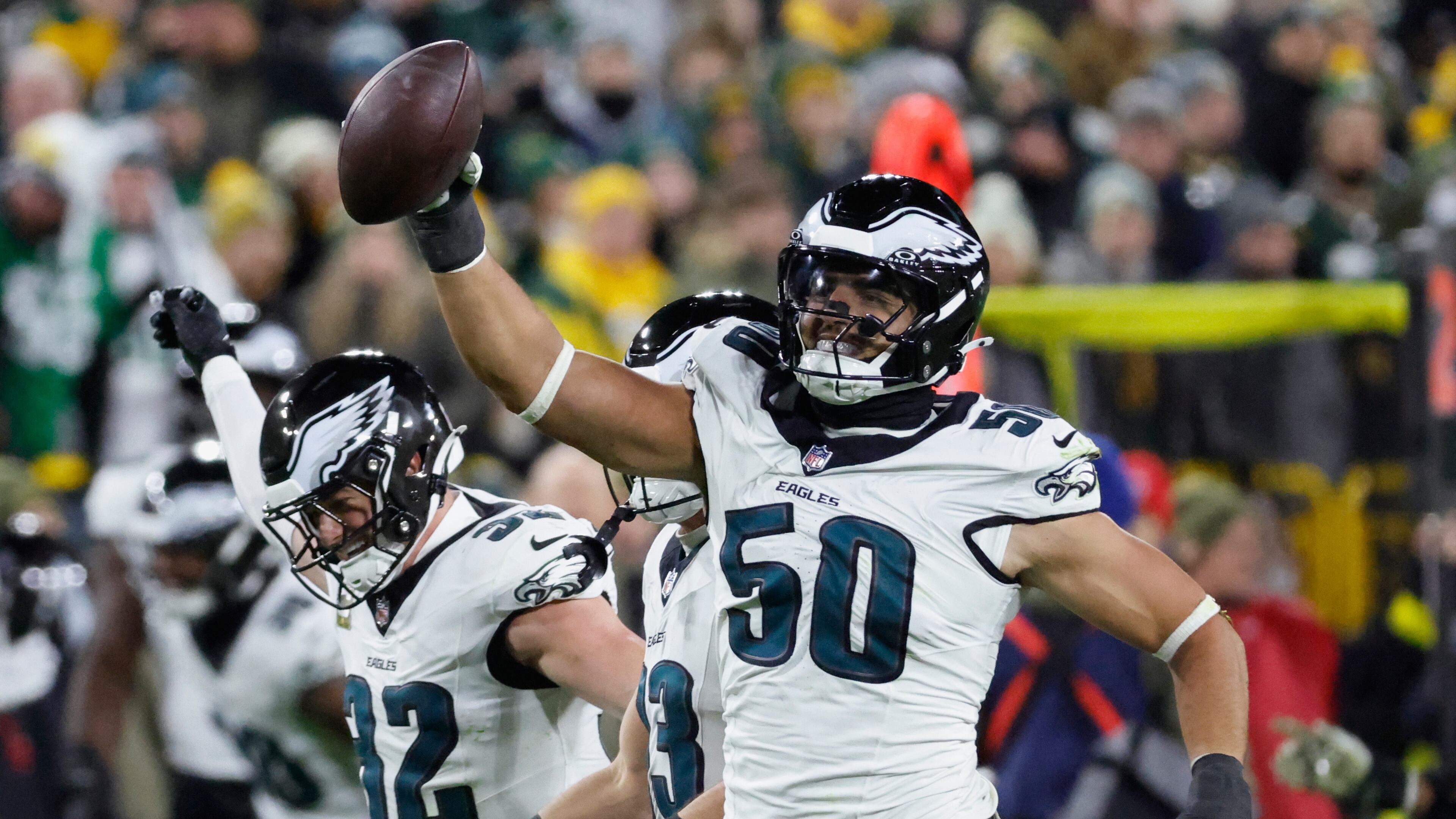 Philadelphia Eagles linebacker Jaelan Phillips (50) celebrates a fumble recovery against the Green Bay Packers during the first half of an NFL football game Monday, Nov. 10, 2025, in Green Bay, Wis. (AP Photo/Mike Roemer)