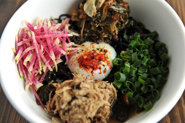 Boccalupo Ramen- collard/pork brood, poached egg, boiled p-nuts. (BECKY STEIN)