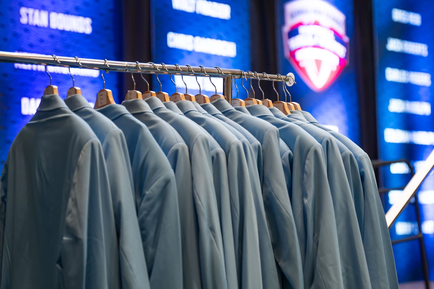 Light blue jackets wait to be awarded to inductees during the Georgia High School Football Hall of Fame induction ceremony Saturday, Oct. 25, 2025, at the College Football Hall of Fame in Atlanta. (Daniel Varnado for the AJC)