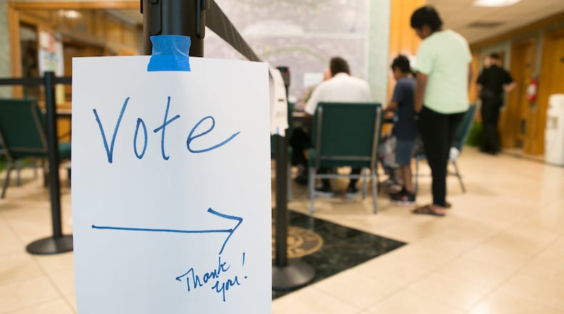 Signs lead voters into the polling location at Doraville City Hall for the special election of Georgia’s 6th Congressional District on June 20, 2017 in Doraville, Georgia. (Photo by Jessica McGowan/Getty Images)