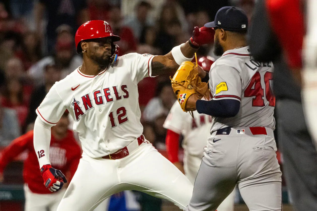 Angels designated hitter Jorge Soler (left) and Braves pitcher Reynaldo López fight during the fifth inning on Tuesday, April 7, 2026, in Anaheim, Calif. Both players were ejected from the game. (Ethan Swope/AP)