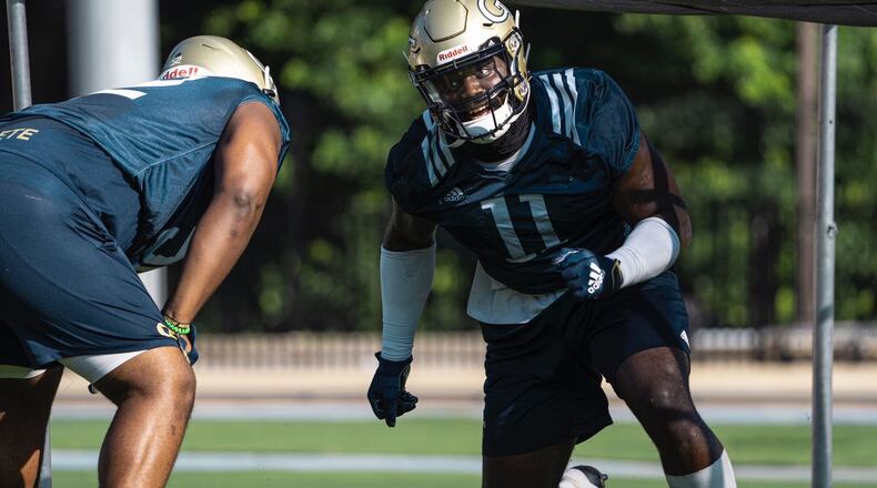 Georgia Tech defensive end Antonneous Clayton works on his technique. Photo by Santino Stancato / Georgia Tech