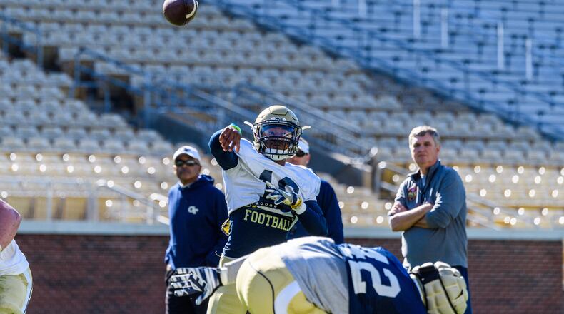 Georgia Tech quarterback TaQuon Marshall threw three touchdown passes in the team’s scrimmage this past Saturday at Bobby Dodd Stadium. (Danny Karnik/GTAA)