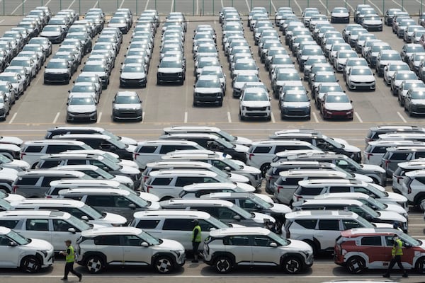 Vehicles for export are parked at a port in Pyeongtaek, South Korea, Tuesday, July 8, 2025. (AP Photo/Ahn Young-joon)