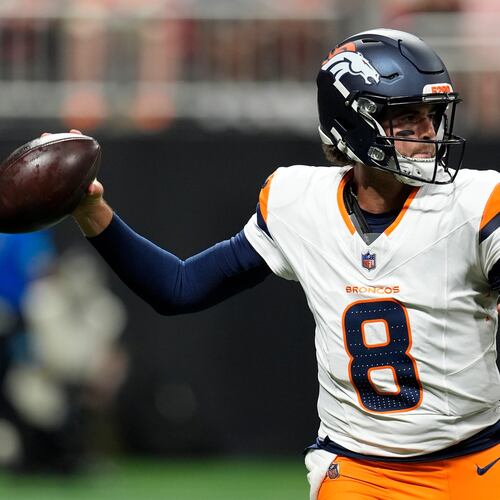 Denver Broncos quarterback Jarrett Stidham (8) passes during the first half of a preseason NFL football game, Friday, Aug. 14, 2026, in Atlanta. (AP Photo/Mike Stewart)