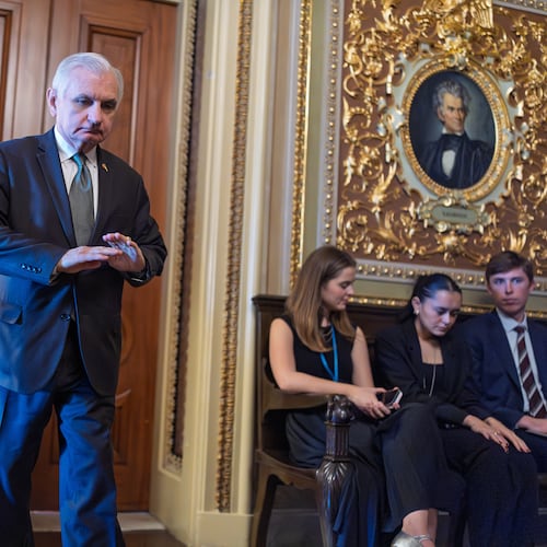 Sen. Jack Reed, D-R.I., leaves a meeting room where he and other Senate Democrats at the Capitol are looking for a solution to the spending impasse, in Washington, Thursday, Nov. 6, 2025, day 37 of the government shutdown. (AP Photo/J. Scott Applewhite)