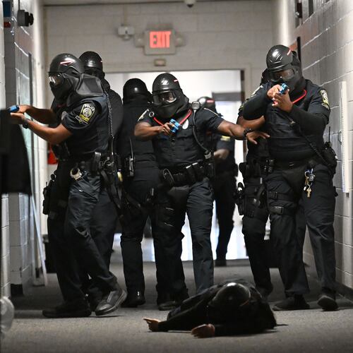 Atlanta Public Schools’ new tactical team conducts a training scenario demonstration for members of the media at Atlanta Public Schools’ Brewer Training Center on Tuesday, July 21, 2026, in Atlanta. Atlanta Public Schools is adding two new units to its security apparatus to keep students and employees safe: a tactical team and a drone team. (Hyosub Shin/AJC)