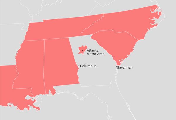 The coverage area for the 2025 American South Michelin Guide is shown in red. (Credit: Vemaps)