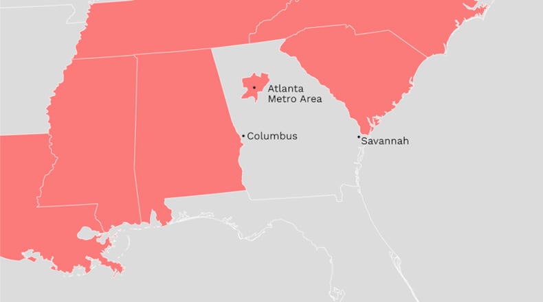 The coverage area for the 2025 American South Michelin Guide is shown in red. (Credit: Vemaps)