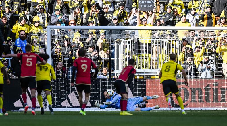 Atlanta United goalkeeper Brad Guzan blocks a shot during the match against Columbus Crew at Lower.com Field in Columbus, OH on Saturday Feb. 24, 2024. (Photo by Mitch Martin/Atlanta United)