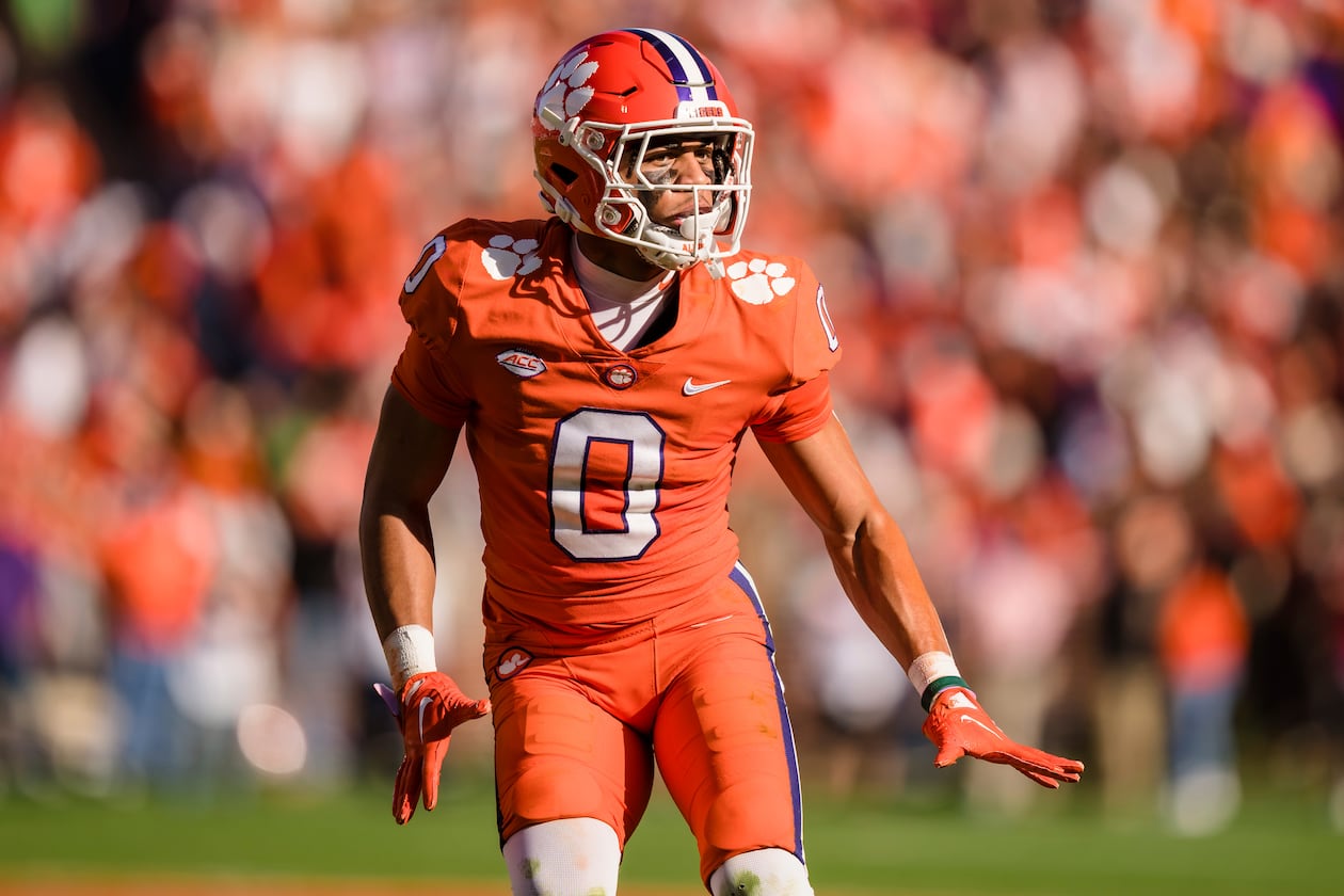 Clemson wide receiver Antonio Williams (0) plays against South Carolina during an NCAA college football game on Saturday, Nov. 26, 2022, in Clemson, S.C. Could he be headed to the Falcons in the upcoming NFL draft. (AP Photo/Jacob Kupferman)