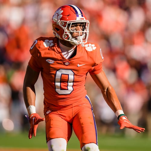 Clemson wide receiver Antonio Williams (0) plays against South Carolina during an NCAA college football game on Saturday, Nov. 26, 2022, in Clemson, S.C. Could he be headed to the Falcons in the upcoming NFL draft. (AP Photo/Jacob Kupferman)