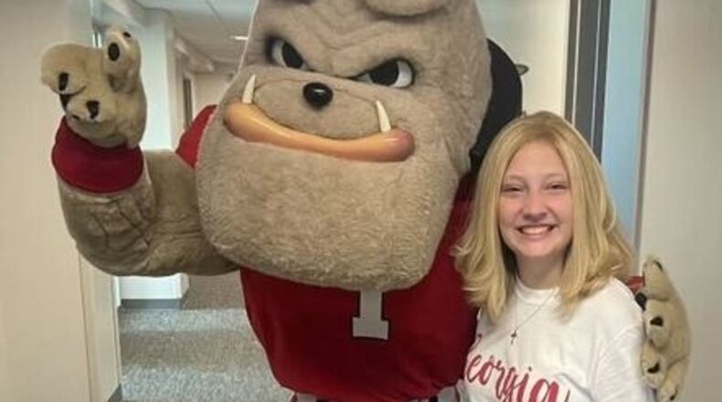 University of Georgia freshman Mary Webb poses with Hairy Dawg, the Bulldogs mascot. (Courtesy)