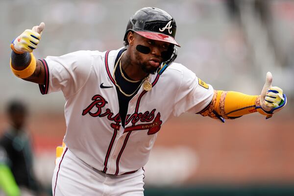 Braves outfielder Ronald Acuña Jr. celebrating his pre-bullpen meltdown home run.