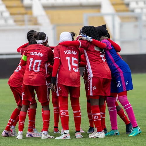 Sudan's U-17 women's national team warms up before a soccer match against Comoros, during qualifiers for the 2028 Los Angeles Summer Olympics, in Casablanca, Morocco, Monday, June 8, 2026. (AP Photo)