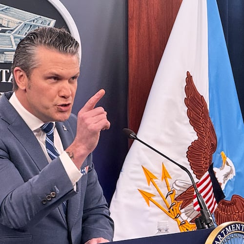 Defense Secretary Pete Hegseth speaks to members of the media during a press briefing at the Pentagon in Washington, Thursday, April 16, 2026. (AP Photo/Kevin Wolf)