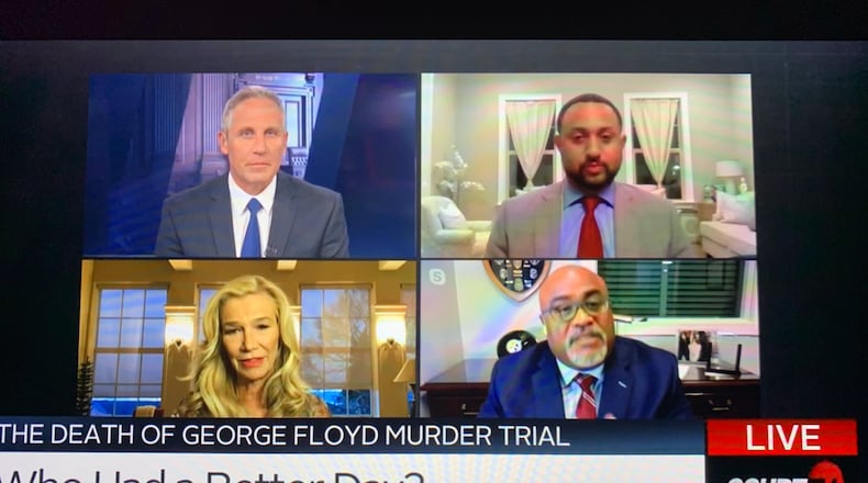 Court TV during prime time on March 30, 2021, the second day of the Derek Chauvin trial, led by Vinnie Politan (top left). COURT TV