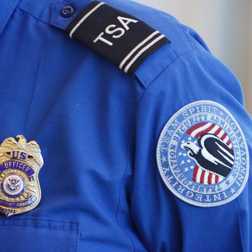 FILE -The badge and TSA logo patch are seen on the uniform of a Transportation Security Administration employee at one of the security checkpoints inside Lambert- St. Louis International Airport Oct. 7, 2010, in St. Louis. (AP Photo/Jeff Roberson, File)