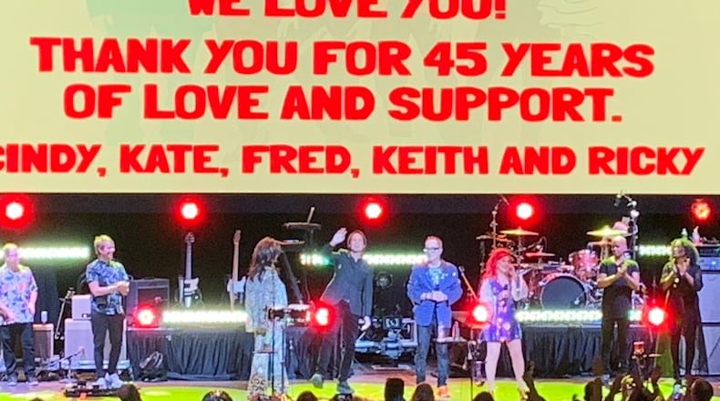The B-52s ended their concert at the Classic Center in Athens with a thank you note and a brief on-stage appearance by Keith Strickland, who left touring a decade ago. RODNEY HO/rho@ajc.com