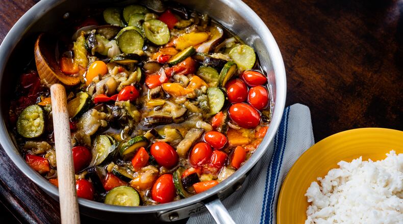 Speedy Ratatouille can be served on top of steamed rice, quick polenta, or warm bread. Henri Hollis for The Atlanta Journal-Constitution