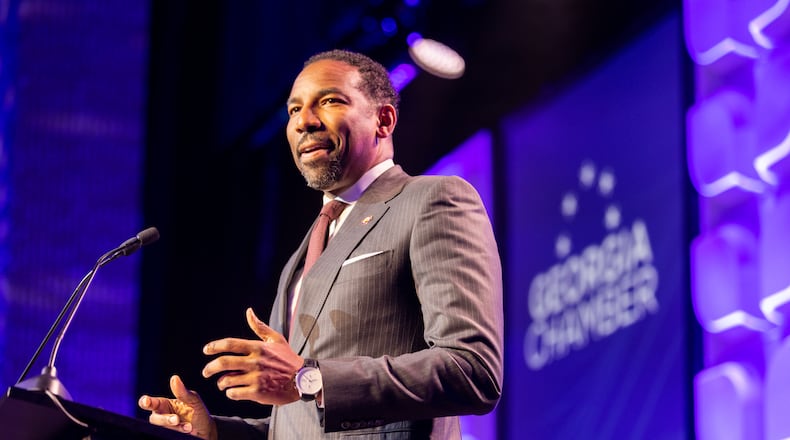 Mayor Andre Dickens speaks at the Georgia Chamber of Commerce’s annual Eggs and Issues breakfast in Atlanta on Wednesday, January 11, 2023. (Arvin Temkar / arvin.temkar@ajc.com)