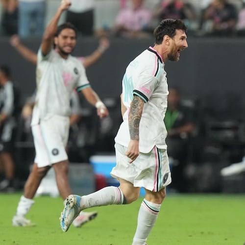 Inter Miami forward Lionel Messi (10) celebrates after scoring a goal during the second half of an MLS soccer match against the Nashville Saturday, Sept. 12, 2026, in Miami. (AP Photo/Marta Lavandier)