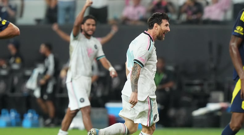 Inter Miami forward Lionel Messi (10) celebrates after scoring a goal during the second half of an MLS soccer match against the Nashville Saturday, Sept. 12, 2026, in Miami. (AP Photo/Marta Lavandier)