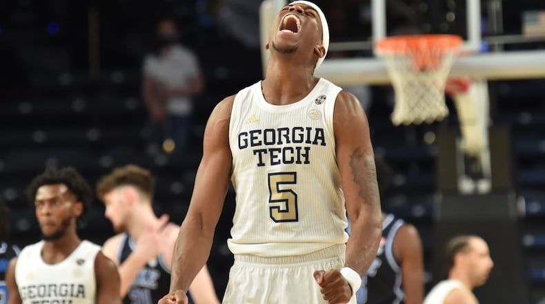 Georgia Tech's forward Moses Wright (5) reacts in the second half of a win over Duke in 2021. (Hyosub Shin / Hyosub.Shin@ajc.com)