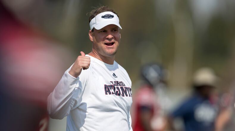 FAU head coach Lane Kiffin at practice in Boca Raton, Fla., on March 23, 2017.