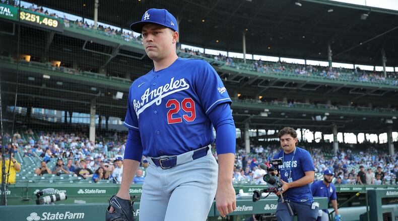 Los Angeles Dodgers starting pitcher Tarik Skubal makes his way to the bullpen prior to a baseball game against the Chicago Cubs, Tuesday, Aug. 4, 2026, in Chicago. (AP Photo/Melissa Tamez)